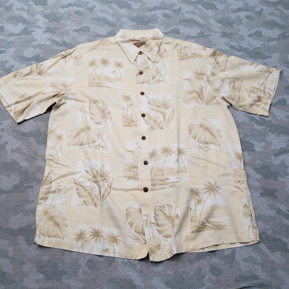 Sideout Hawaiian Shirt Mens Large Beige Short Sleeve Button-Up Leaf Palm Tree